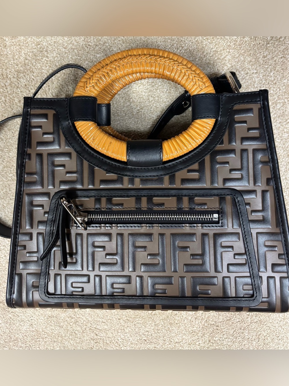 Fendi Runaway Shopping Tote Vitello Century Wicker Bi color FF 1974 Embossed